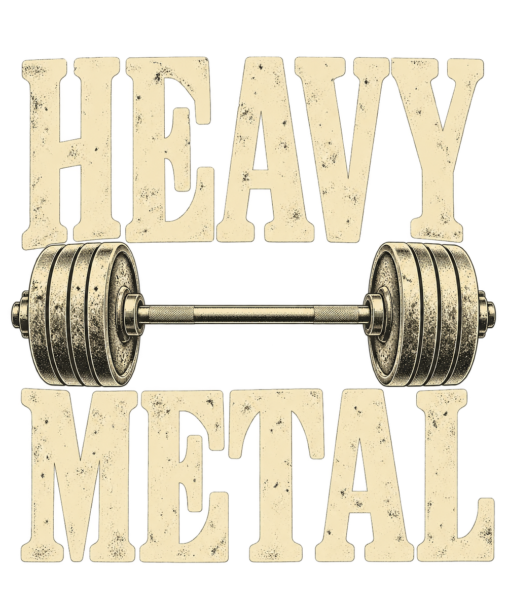 HEAVY METAL – cremefarbene Vintage-Typografie mit schwerer Langhantel