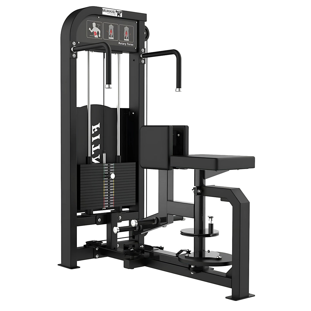 Schwarze MUKKIS PowerBuild Rotary Torso mit Sitz, seitlichen Griffen und Gewichtsstapel