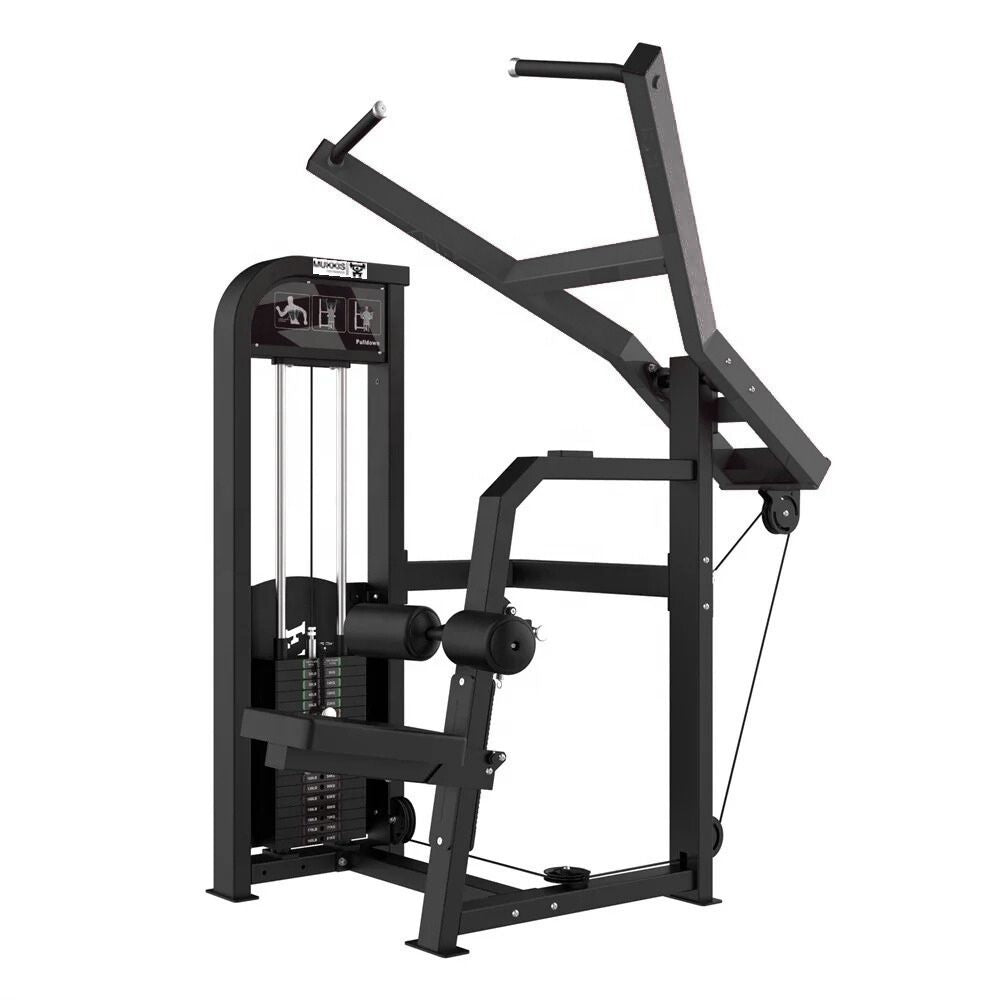 Schwarzer PowerBuild Latpulldown mit zwei starren Zughebeln, Oberschenkelpolstern und Gewichtsstapel
