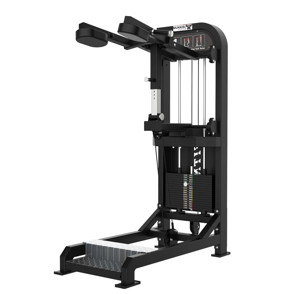 Schwarze PowerBuild Wadenmaschine stehend mit Schulterpolstern, Trittfläche und Gewichtsstapel